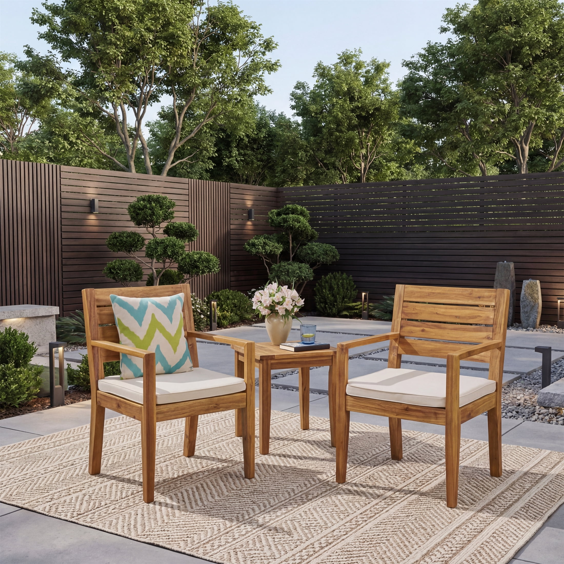 Outdoor Dining Chair Set of 2, Sandblast Finished Wood Frame with Beige Soft Cushion for Patio Garden, Natural and Beige
