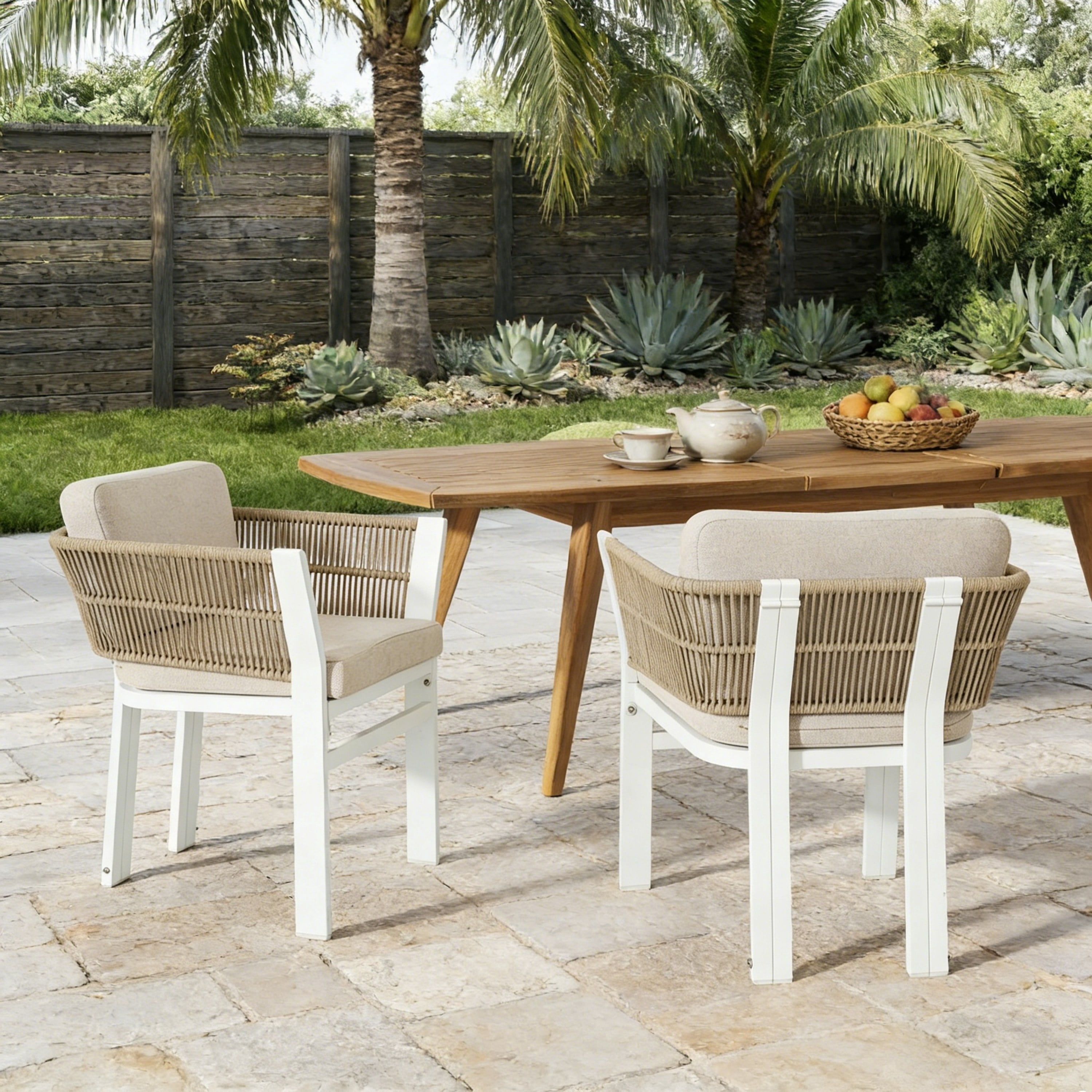 Outdoor Dining Chair Set of 2, White Aluminum Frame with Beige Cushion All-Weather Patio Seating, White