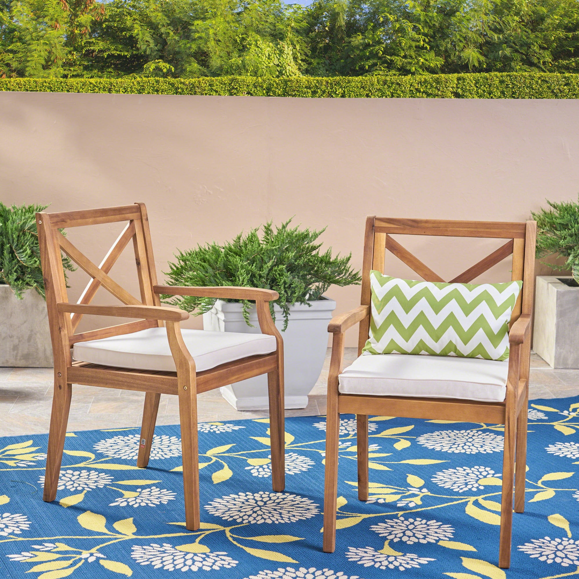Outdoor Dining Chair Set of 2 with Acacia Wood and Cream Cushions, Patio Chairs and Garden Seating for Backyard Poolside, Teak and Cream