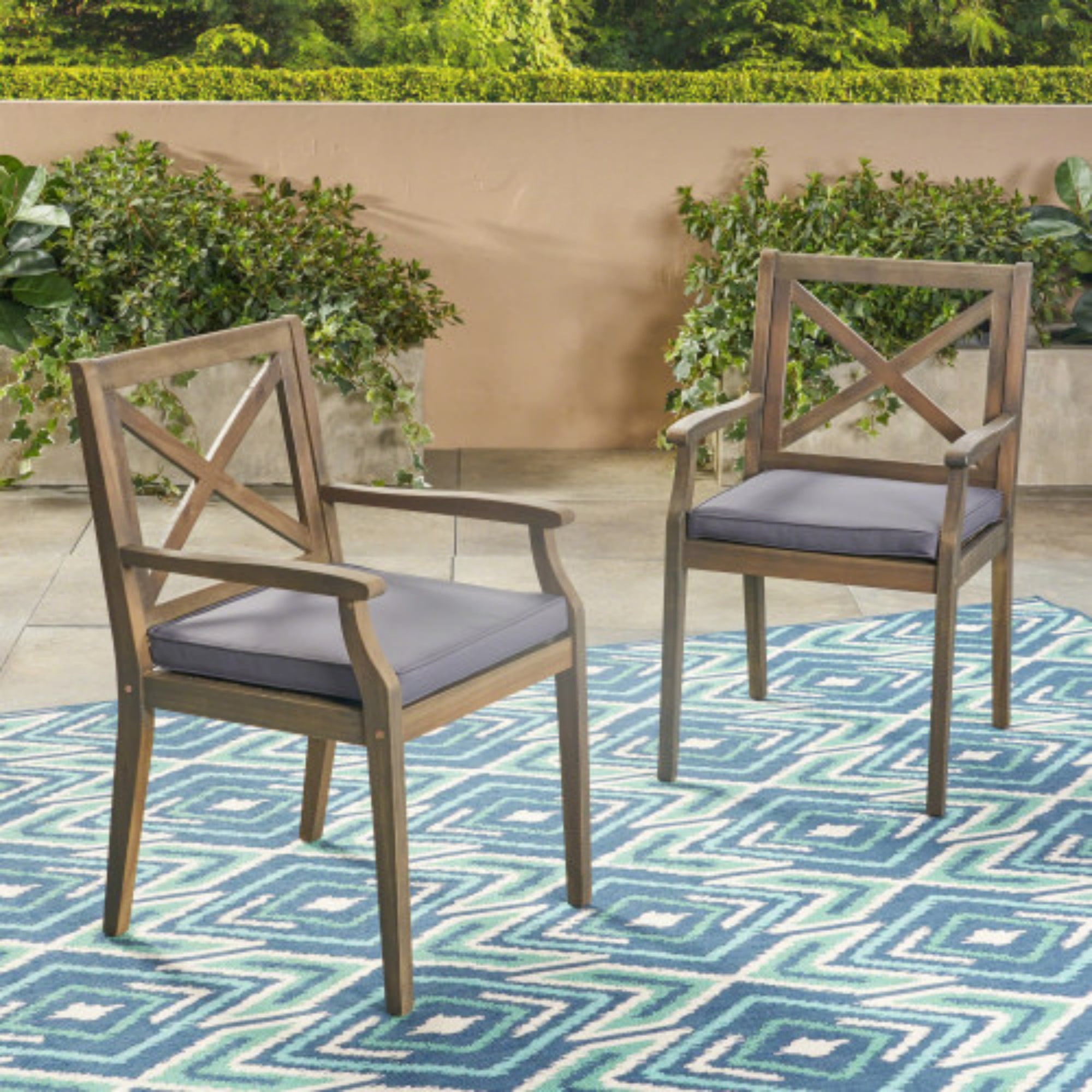 Outdoor Dining Chair Set of 2 with Acacia Wood and Grey Cushions, Patio Chairs and Garden Seating for Backyard Poolside, Teak and Grey