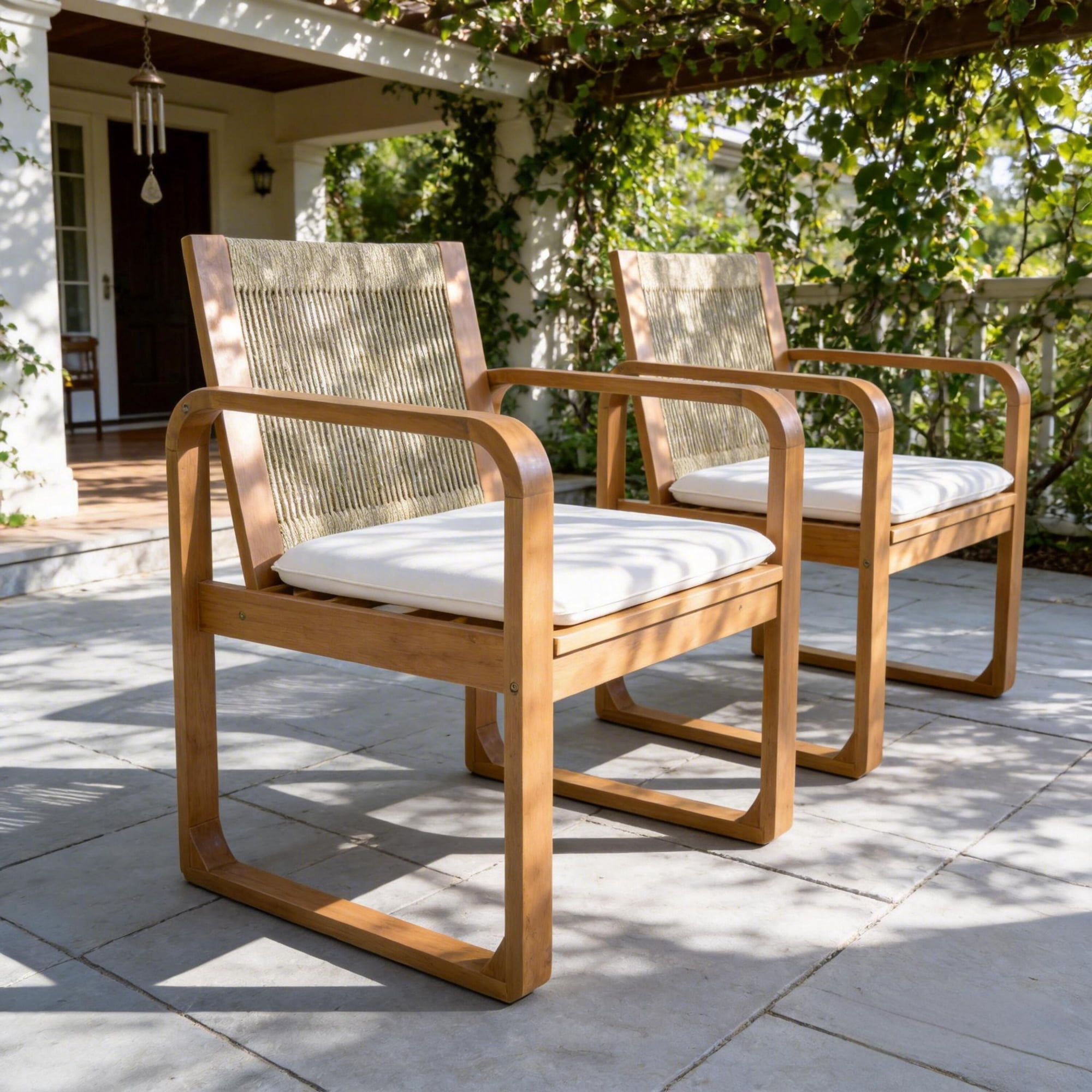 Outdoor Dining Chair Set of 2 with Acacia Wood and Multi Brown Rope Back, Patio Chairs with Beige Cushion and 400 lb Capacity, Light Teak