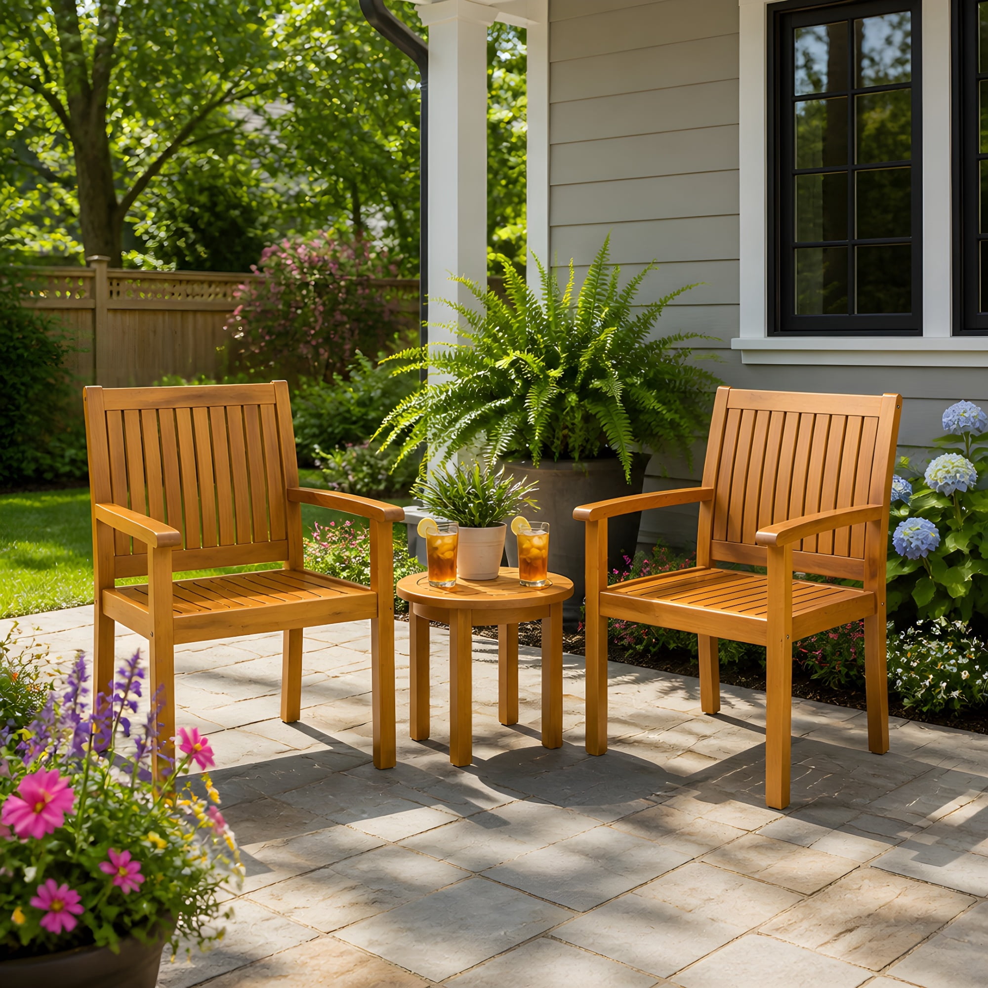 Outdoor Dining Chair Set of 2 with Acacia Wood and Slat Panel Back, Patio Chairs and Garden Seating for Backyard Deck, Teak