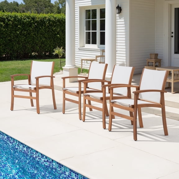 Outdoor Dining Chair with Textilene Fabric, Outdoor Acacia Wooden Chair, Ergonomic Armrests & Sturdy Wooden Frame, Set of 4, for Porch, Backyard, Garden, Indoor, White