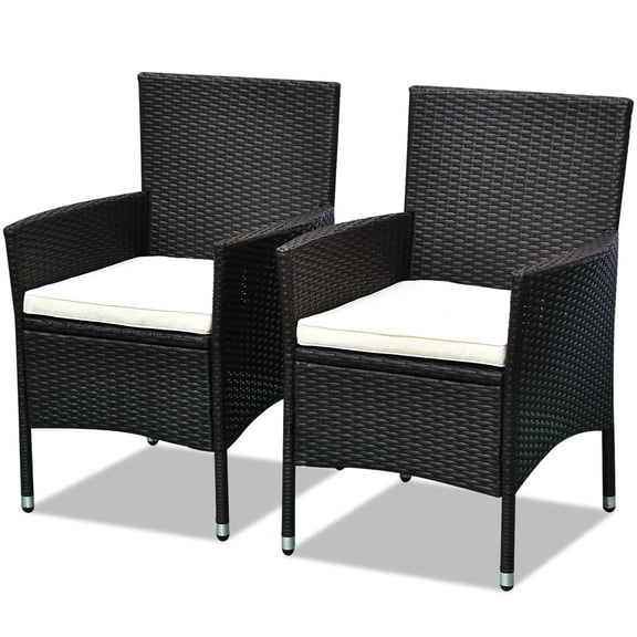 Outdoor Dining Chairs 2-Piece Set, PE Rattan Wicker with Cushions, Stackable for Patio/Garden, Dark Brown | Rattan+Metal | Solid Back