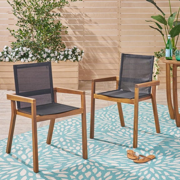 Outdoor Dining Chairs, Patio Chairs Set of 2, Acacia Wood Frame and Black Mesh Seating with Armrests, Durable Furniture for Outdoor Dining or Lounge Area in Teak Finish