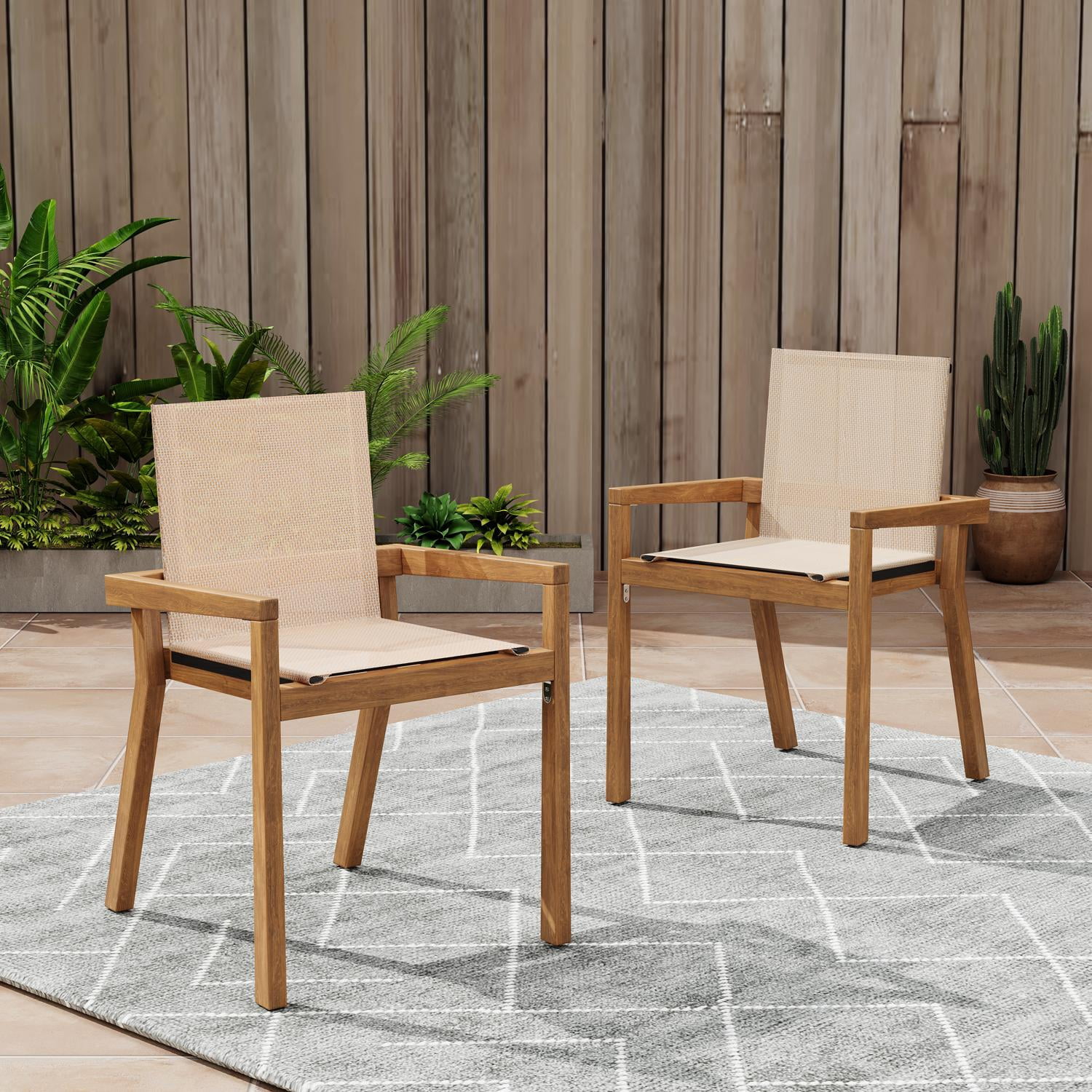 Outdoor Dining Chairs, Patio Chairs Set of 2, Acacia Wood Teak Finish Frame and Beige Textile Mesh Seat, Armchair Set for Poolside, Deck, or Garden Dining in Teak+Beige