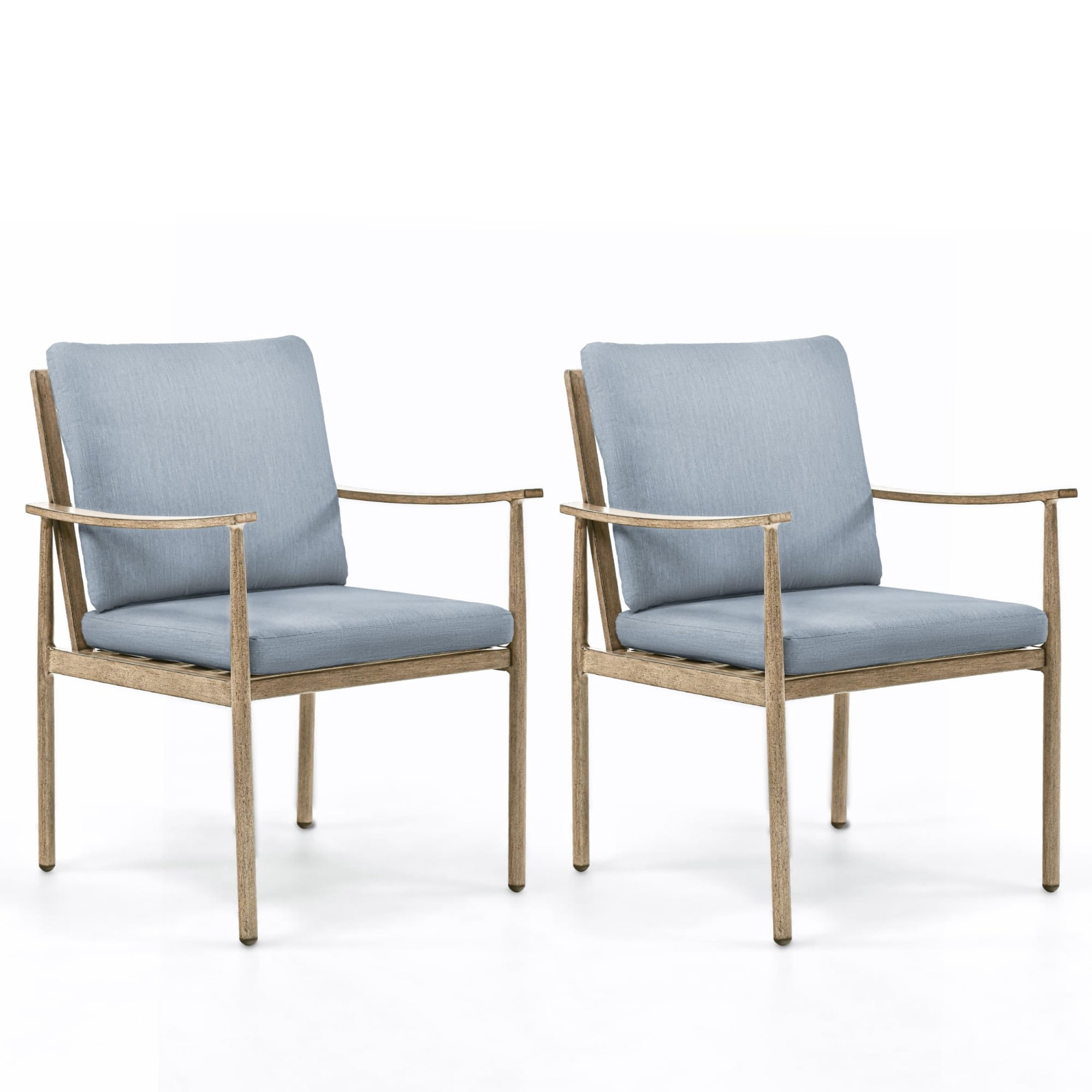 Outdoor Dining Chairs Set of 2, Aluminum Patio Chairs with Cushions, Rope Backrest Ergonomic Armrest Bistro Chairs for Porch Backyard Pool, Brown/Blue