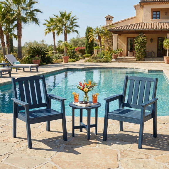 Outdoor Dining Chairs Set of 2, Patio HDPE Garden Dining Chairs with Ergonomic Wide Seat, Waterproof, Easy Maintain, All-Weather Durable Chairs for Backyard, Deck, and Poolside, Navy Blue