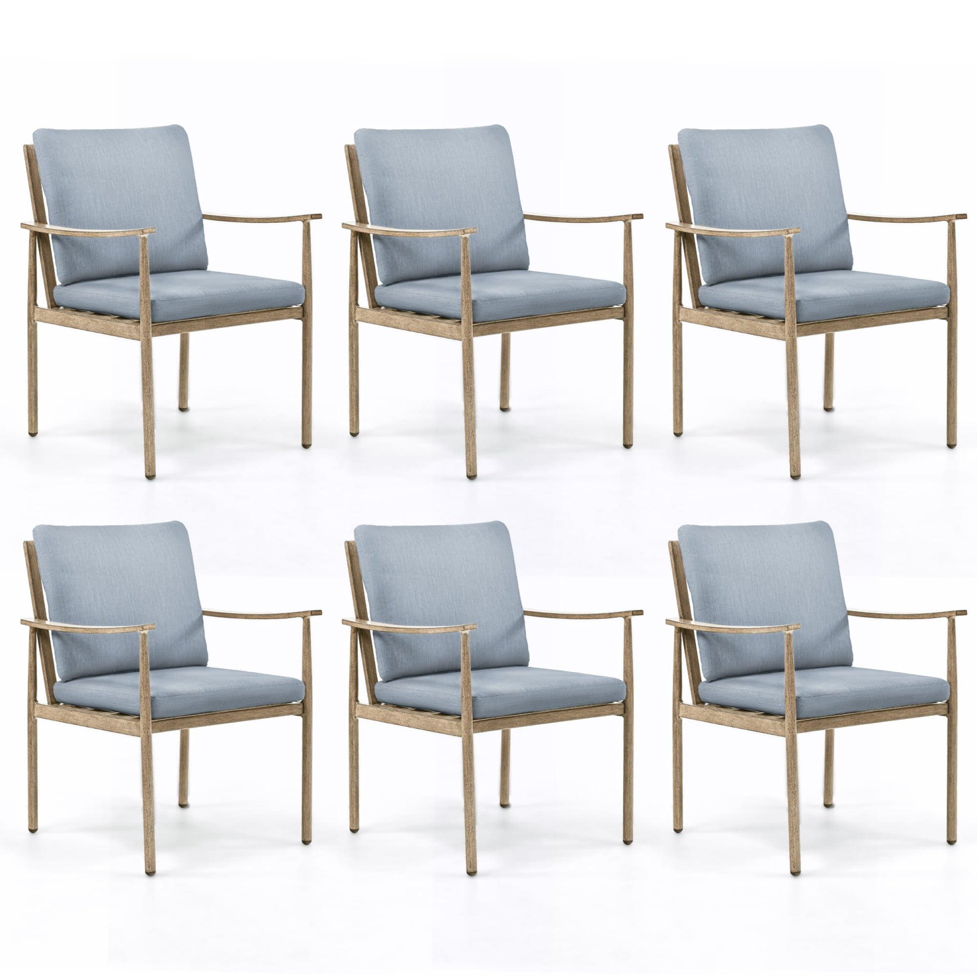 Outdoor Dining Chairs Set of 6, Aluminum Patio Chairs with Cushions, Rope Backrest Ergonomic Armrest Dining Chairs for Backyard Garden Pool, Brown/Blue