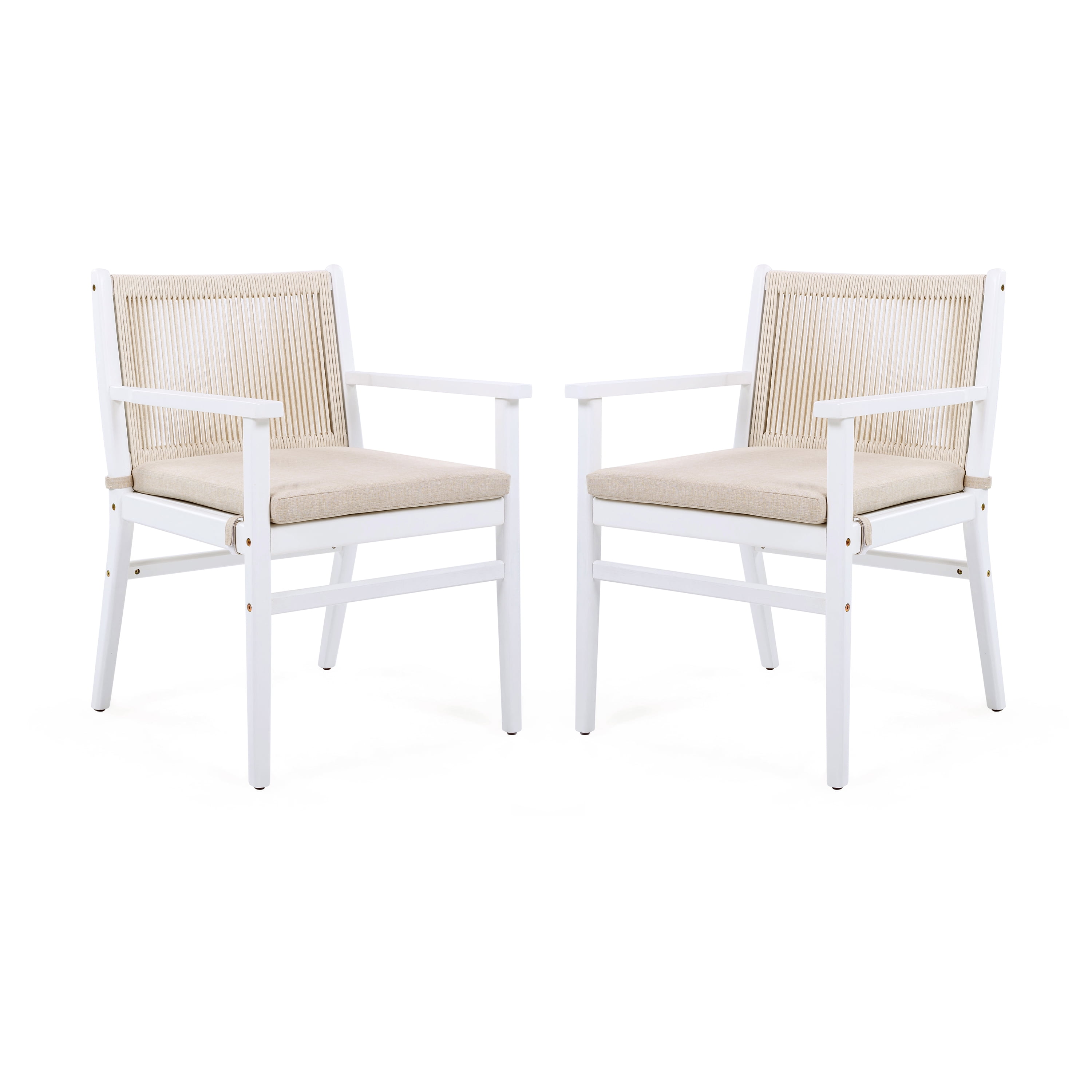 Outdoor Dining Chairs Set of 2, Acacia Wood Patio Armchair with Rope Design Back for Garden, White