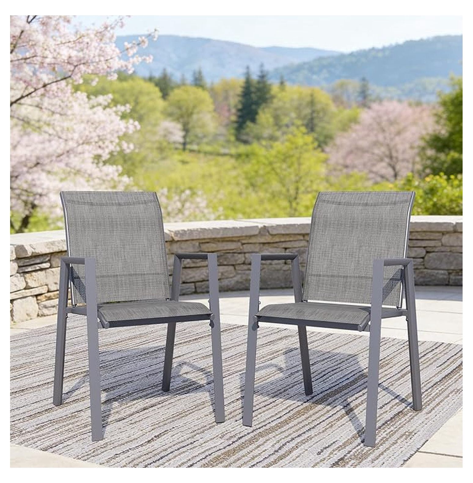 Outdoor Dining Chairs Set of 2, High-Back Stackable Patio Chairs with Metal Frame, Lightweight Sling Design, Ideal for Garden, Deck, Poolside, Grey