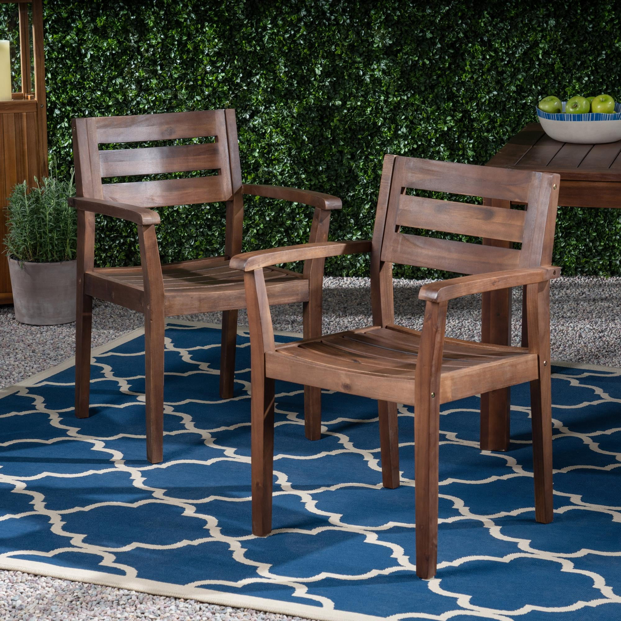 Outdoor Dining Chairs Set of 2, Modern Slat Back for Backyard Poolside Garden | Acacia Wood | Dark Brown