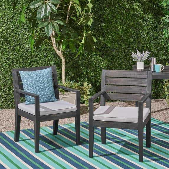 Outdoor Dining Chairs Set of 2, Slat Back with Light Gray Cushions | Dark Grey | Acacia Wood