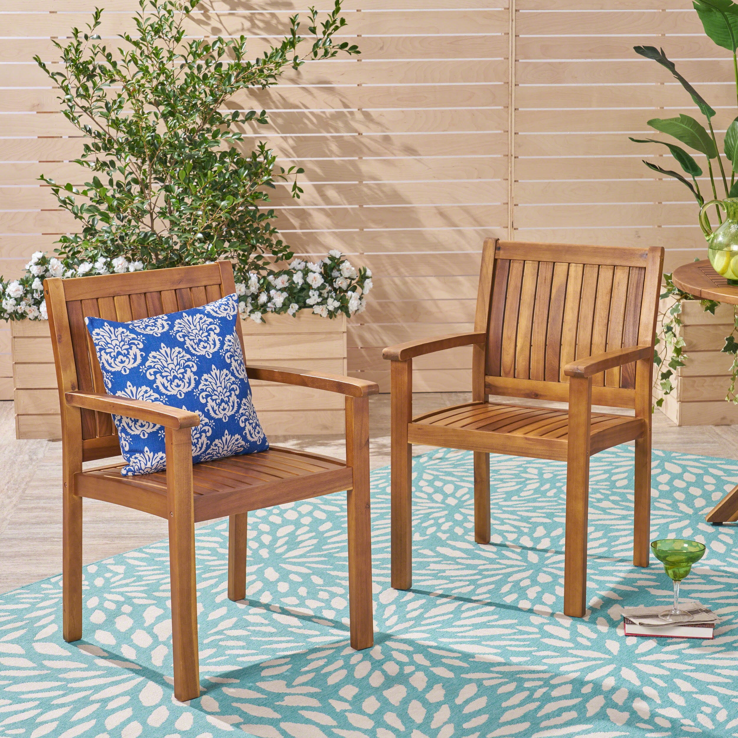 Outdoor Dining Chairs Set of 2 – Solid Acacia Wood Patio Armchairs with Slatted Back & Seat, Weather-Resistant for Backyard, Garden or Poolside