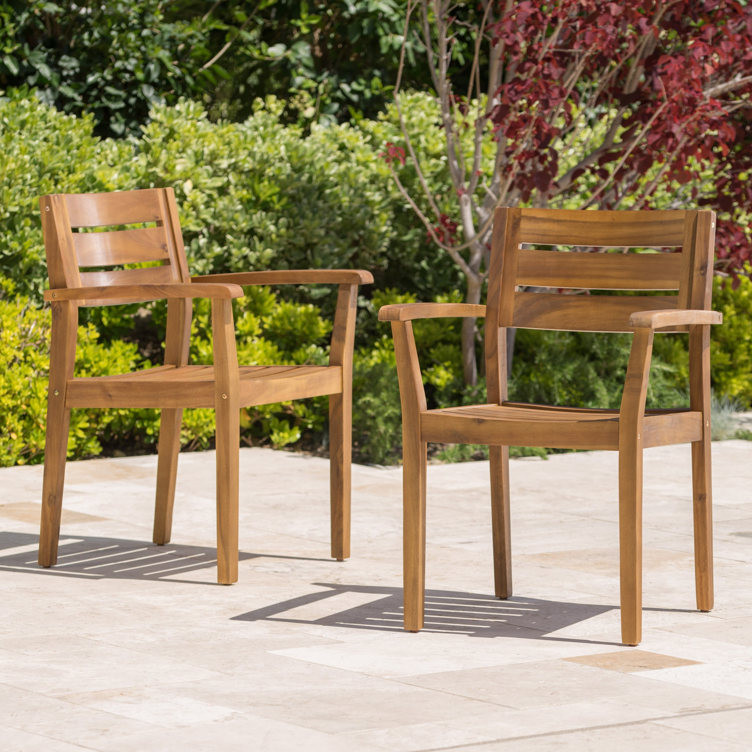 Outdoor Dining Chairs Set of 2 – Solid Acacia Wood Patio Armchairs with Slatted Seat & Back, Weather-Resistant for Backyard, Garden or Poolside