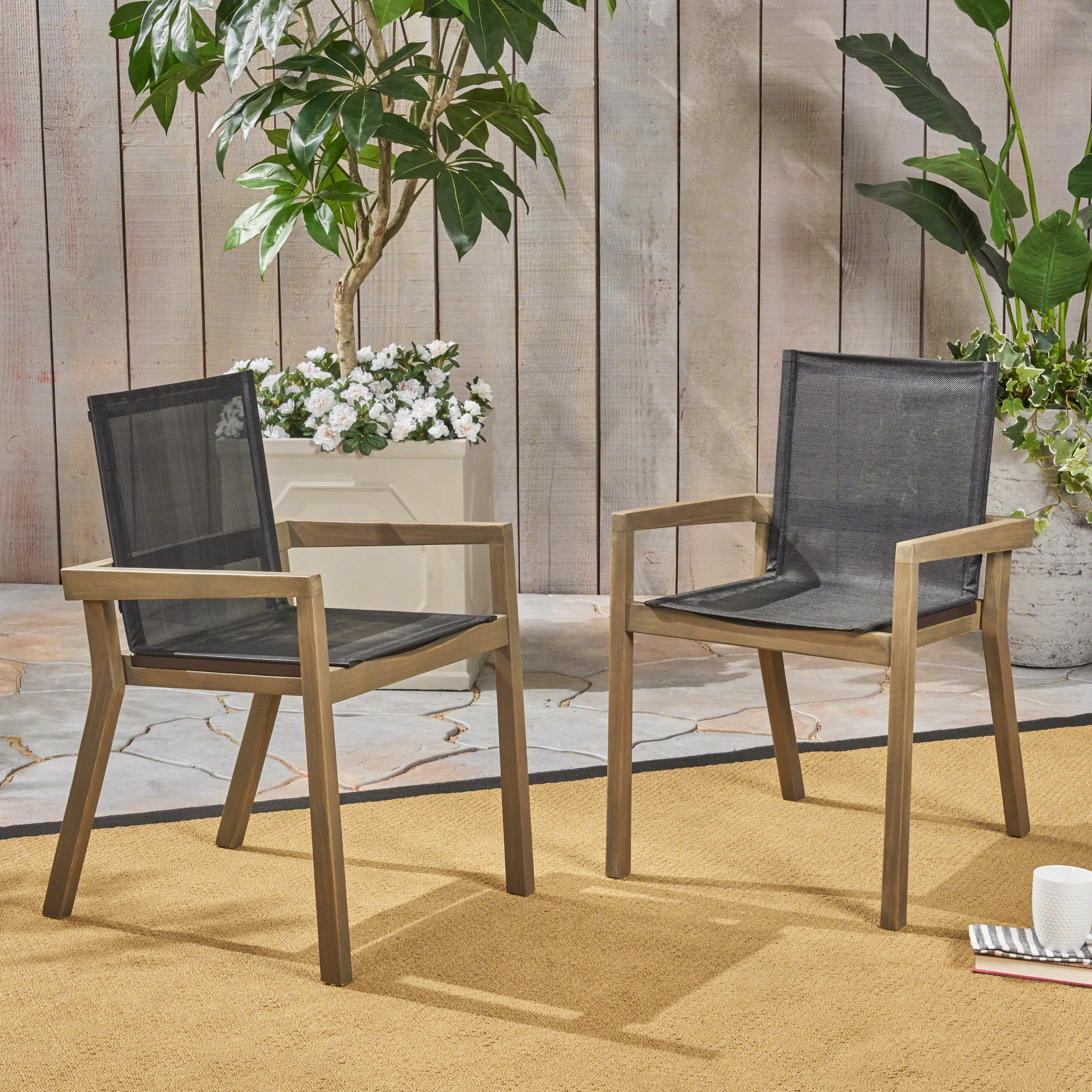 Outdoor Dining Chairs Set of 2 – Solid Wood Frame with Mesh Seat, Weather-Resistant Patio Chairs with Armrests for Backyard or Poolside