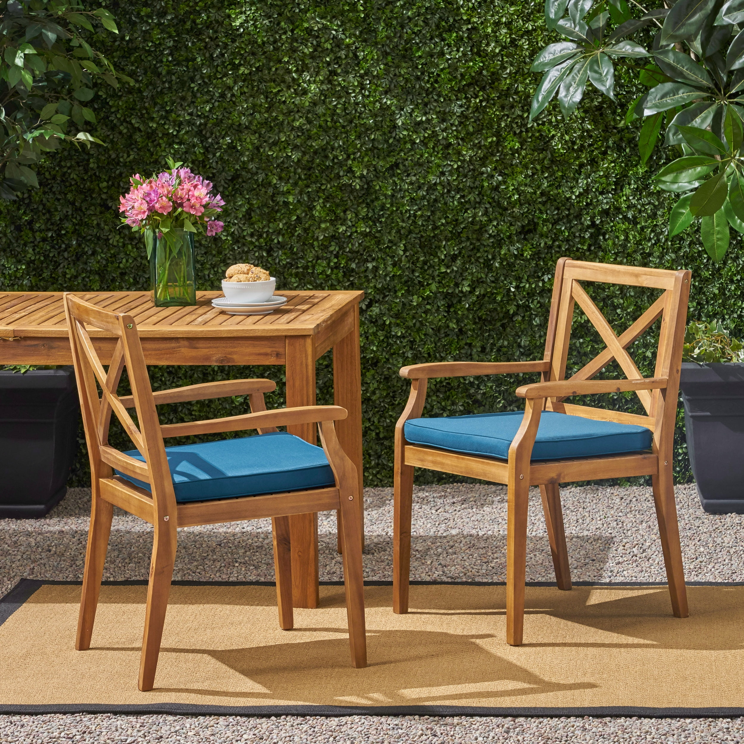 Outdoor Dining Chairs Set of 2 – Solid Wood Frame with Water-Resistant Cushions, Patio Armchairs for Backyard, Garden or Poolside