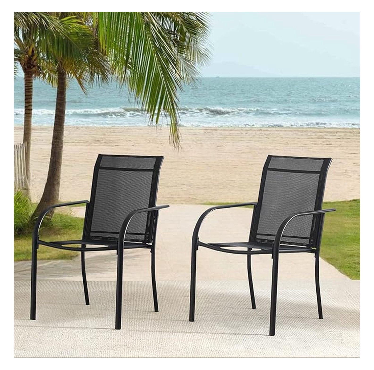 Outdoor Dining Chairs Set of 2, Stackable Patio Chair with Textilene Fabric, Lightweight Garden Chairs for Poolside, Backyard, Camping, Black