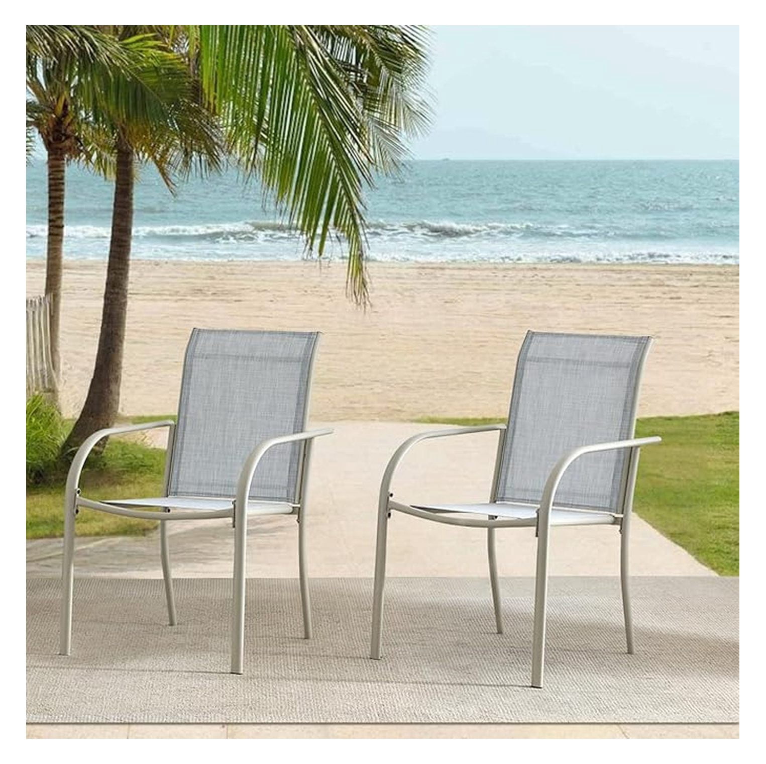 Outdoor Dining Chairs Set of 2, Stackable Patio Chairs with Textilene Fabric, Lightweight Garden Chairs for Poolside, Backyard, Camping, Beige