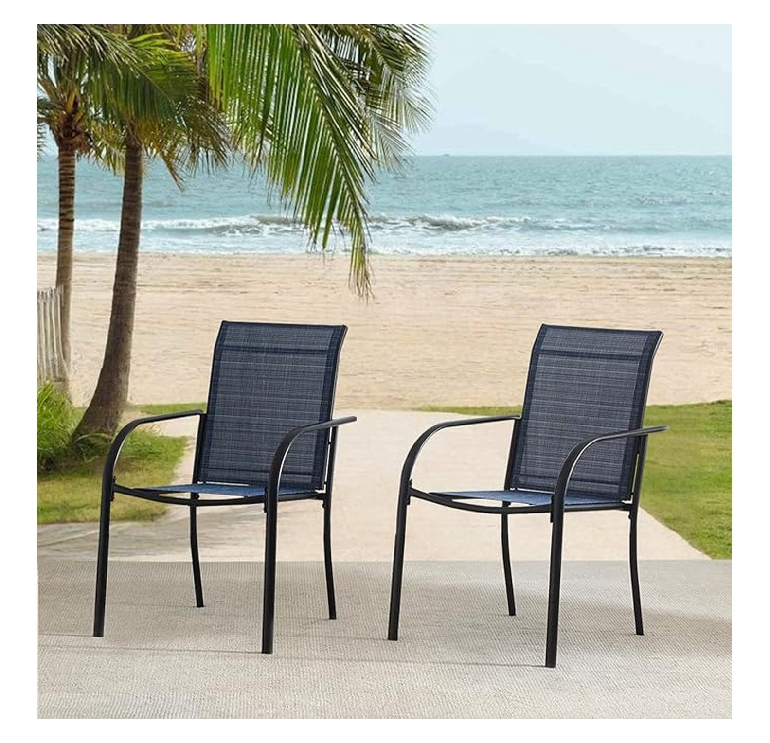 Outdoor Dining Chairs Set of 2, Stackable Patio Chairs with Textilene Fabric, Lightweight Garden Chairs for Poolside, Backyard, Camping, Dark Blue