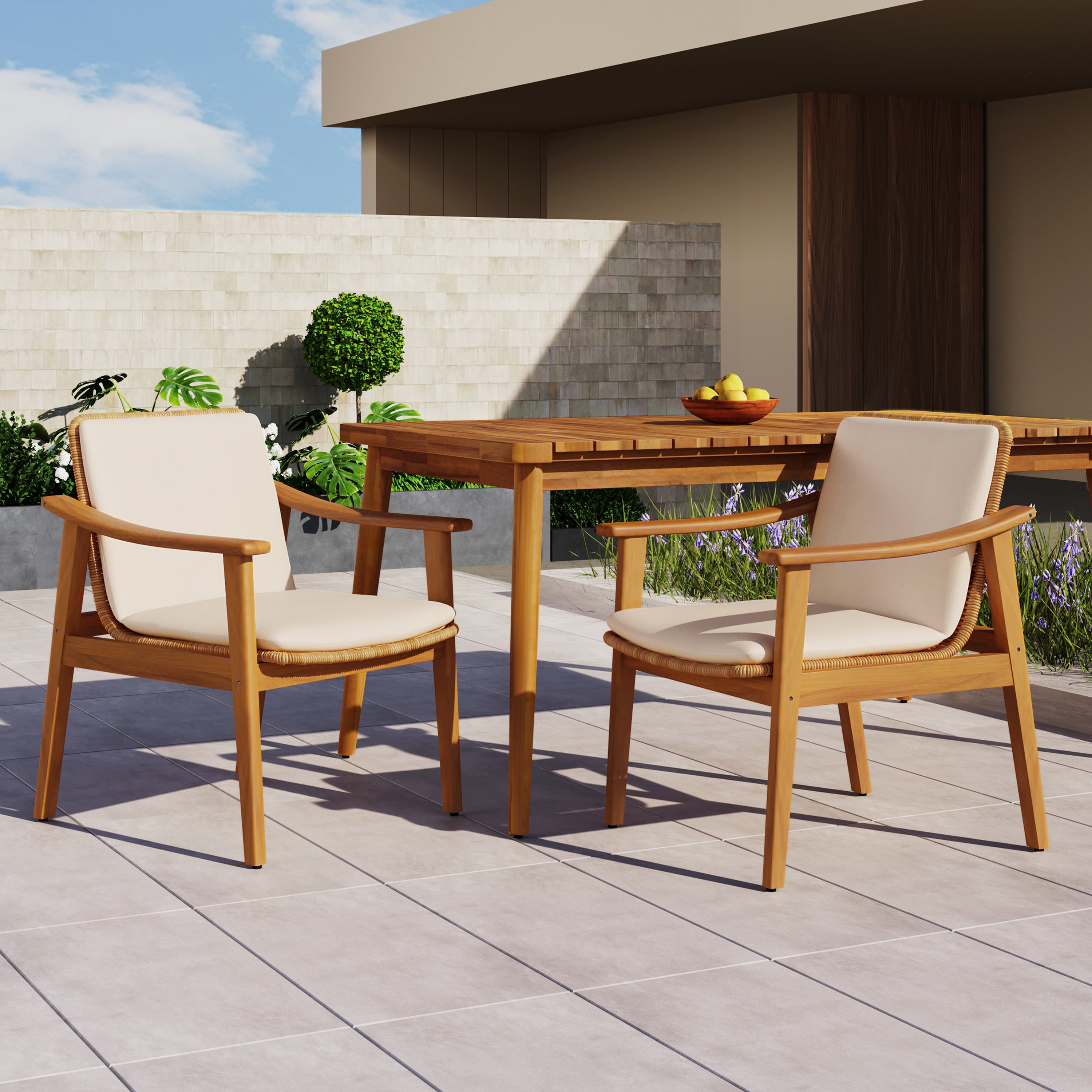 Outdoor Dining Chairs Set of 2, Teak Color Acacia Wood Frame Brown PE Wicker Beige Waterproof Cushion, Teak