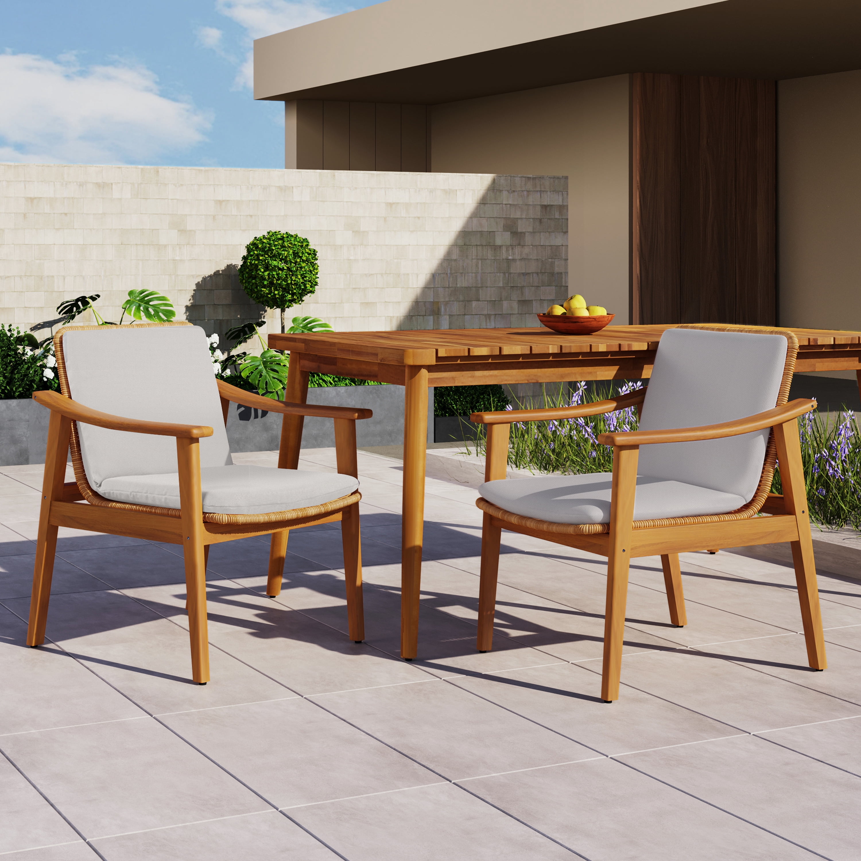 Outdoor Dining Chairs Set of 2, Teak Color Acacia Wood Frame Brown PE Wicker Grey Waterproof Cushion, Teak
