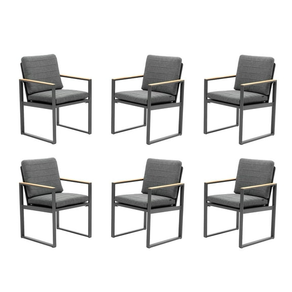 Outdoor Dining Chairs Set of 6 with Teak Armrest 6 Pieces Chair Aluminum Outdoor Furniture,Grey