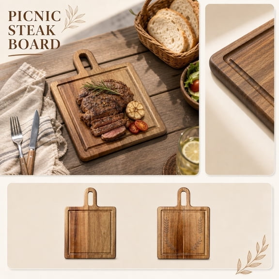 Outdoor Dining Essentials – Natural Wood Steak Board with Juice Groove & Handle, 10.23" x 7.48", Charcuterie Serving Tray for Picnic & BBQ A