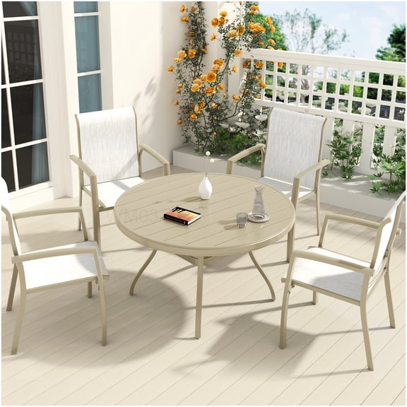 Outdoor Dining Set 5-PC, Metal Table with 4 Stackable Chairs, Waterproof Fabric for Patio Garden
