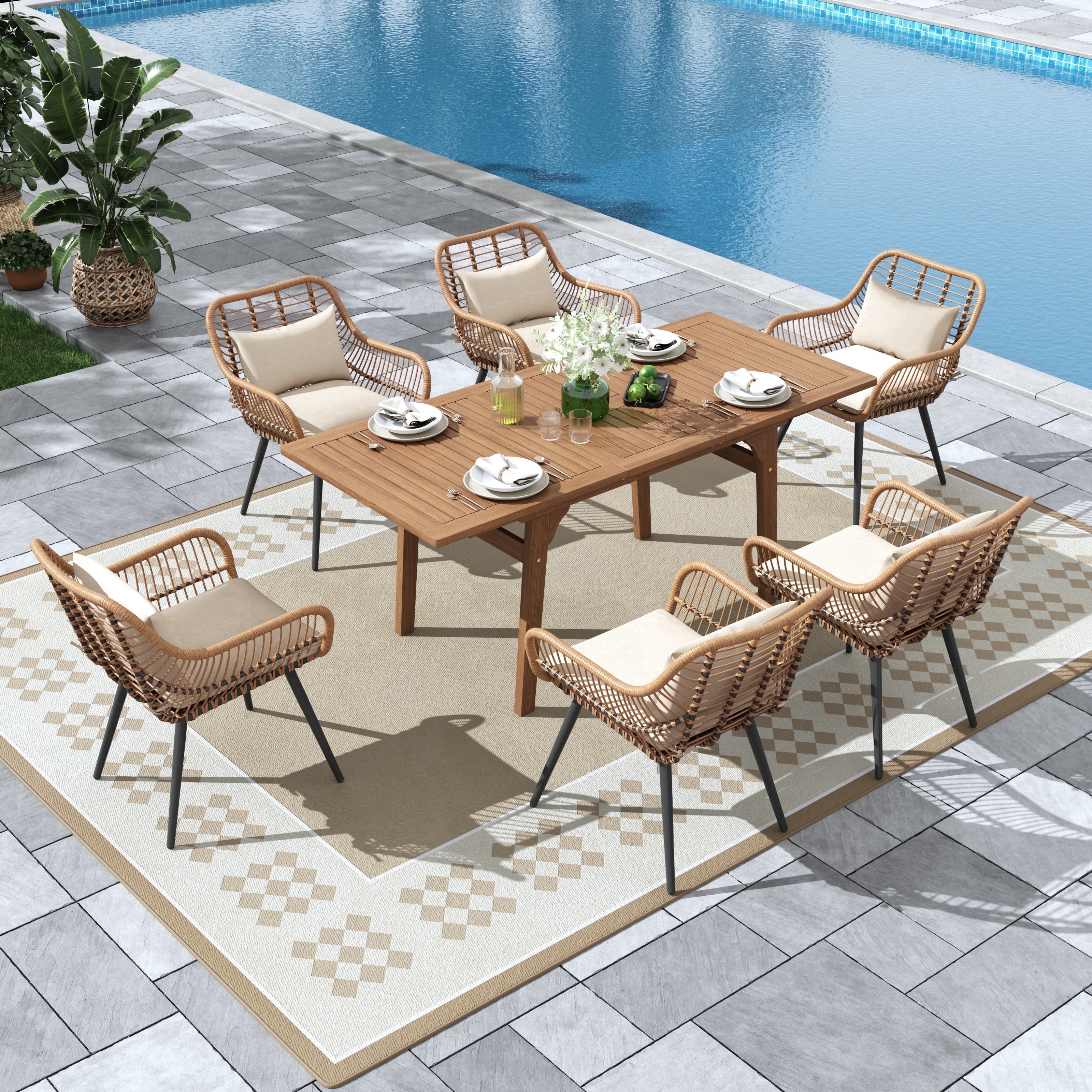 Outdoor Dining Set for 6, Extendable Wooden Table with Wicker Patio Chairs, 7-Piece Patio Outdoor Furniture Set for Deck, Garden, Backyard, Creamy White