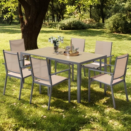 Outdoor Dining Set,7-Piece Lofka Patio Furniture Sets for 6 Persons,Space Efficient Stackable Chairs & Rectangular Table for Small Yards,Gardens,Pool Areas,Brown