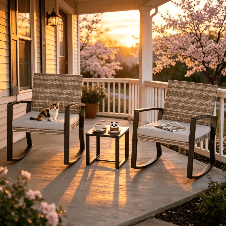 balcony patio set 3pc 7 umbrella Lofka 3 Pieces Patio Furniture Set with Rocking Chairs Set and Tempered Glass Table for Balcony/Porch/Outdoor, Light Gray