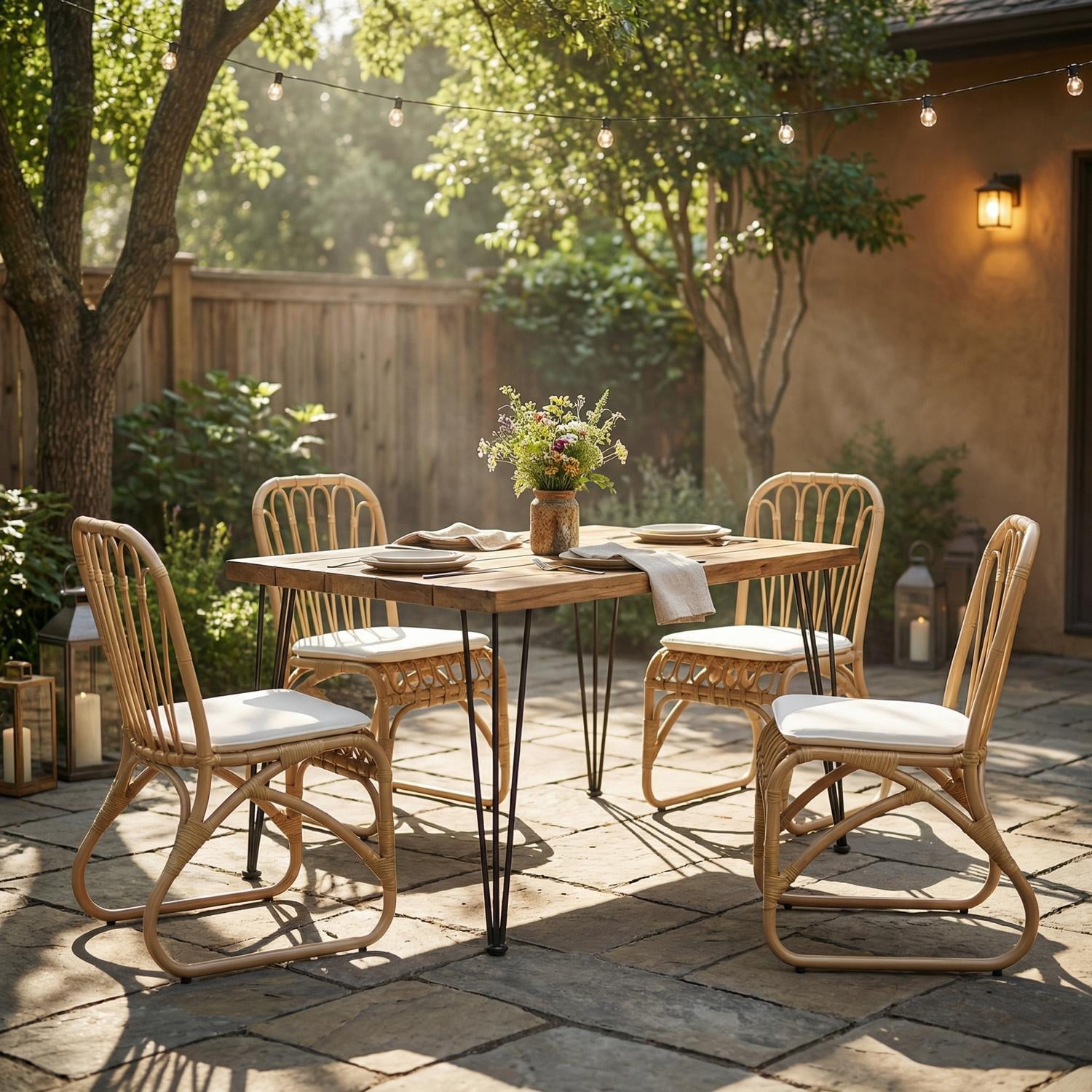 Outdoor Dining Set for 4, Square Acacia Wood Table with PE Rattan Chairs, Patio Bistro Set with Cushions for Garden, Deck, Stylish, Teak+Yellow