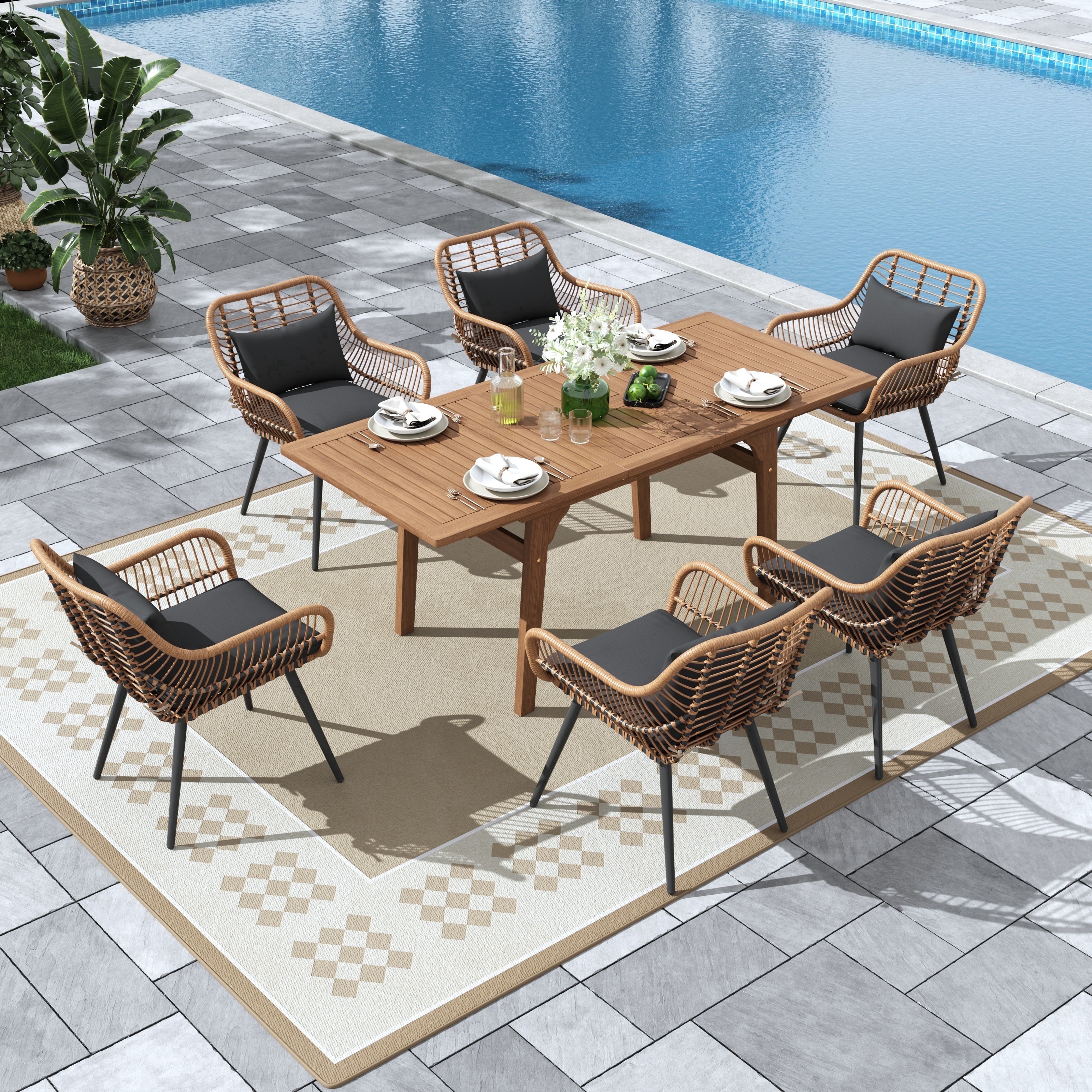 Outdoor Dining Set for 6, Extendable Wooden Table with Wicker Patio Chairs, 7-Piece Patio Outdoor Furniture Set for Deck, Garden, Backyard, Black