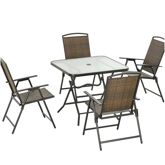 Outdoor Dining Set with Glass Top Table, 5-PC Foldable Garden Patio Furniture Set with Chairs, Brown