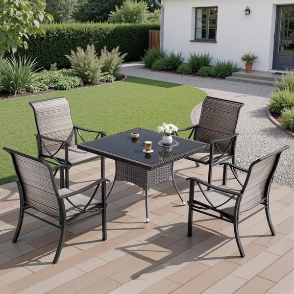 Outdoor Dining Sets, Patio Table and Chairs with Umbrella Hole for 4, Weatherproof Patio Furniture Set Mesh, Wicker Table Top