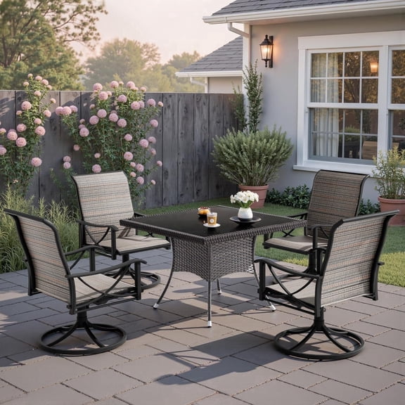 ASJMR 5PCS All-Weather Outdoor Patio Dining Set with Rattan Square Table & Textilene Swivel Chairs for 4-Person, Brown