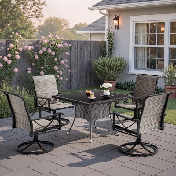 Outdoor Dining Sets, Patio Table and Swivel Chairs with Umbrella Hole for 4, Weatherproof Patio Furniture Set Mesh, Wicker Table Top