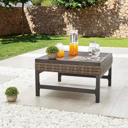 Outdoor  Dining Square Bistro Coffee Side Slatted Metal Steel Wicker Frame Aluminum Plastic Plate Furniture End Table for Garden Lawn Poolside, Grey$$Garden &