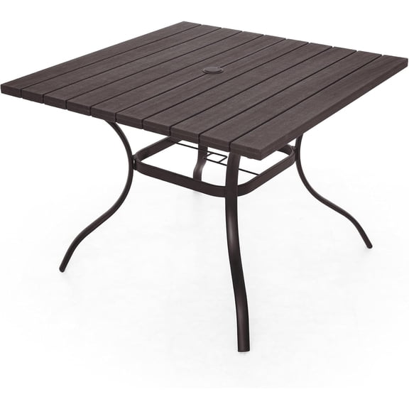 Outdoor Dining Table with 1.6" Umbrella Hole, Picnic Table Brown Plastic Square Backyard Bistro Table Outdoor Dining Table for Garden, Poolside, Backyard