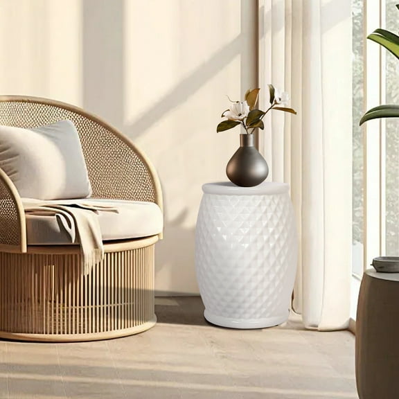 Outdoor Dining Table 11" x 17.25" Glazed Ceramic Drum Stool - Indoor/Outdoor Side Table - Accent Garden Stool,Patio Table