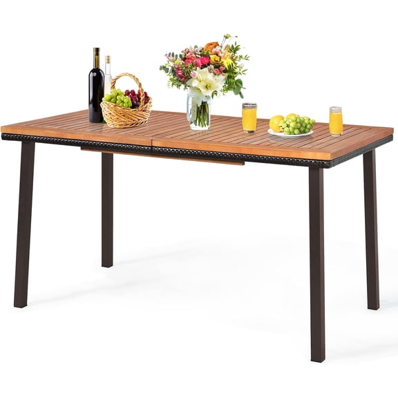 Outdoor Dining Table for 6-8, Acacia Wood Slatted Patio Table w/Umbrella Hole, Wicker Edging, Rust-Proof Steel Legs, Rectangle Outdoor Patio Table for Deck Backyard Pool Side Relaxation