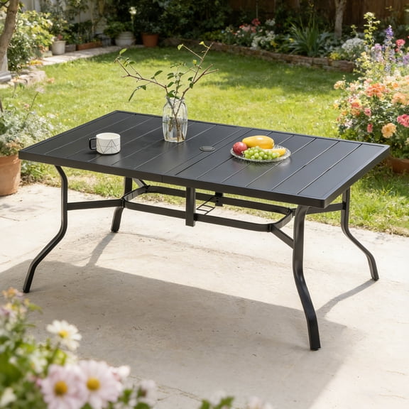 Outdoor Dining Table for 6, Powder-Coated Steel Slat Top with 2.16" Umbrella Hole, Anti-Slip Pads, E-Coating Frame, All-Weather Black Patio Table for Garden, Poolside, Backyard