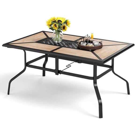 Outdoor Dining Table for 6, Rectangular Metal Wrought Iron Table with Polywood Tabletop and Umbrella Hole, Large Heavy-Duty Furniture for Patio, Deck, Yard, Porch