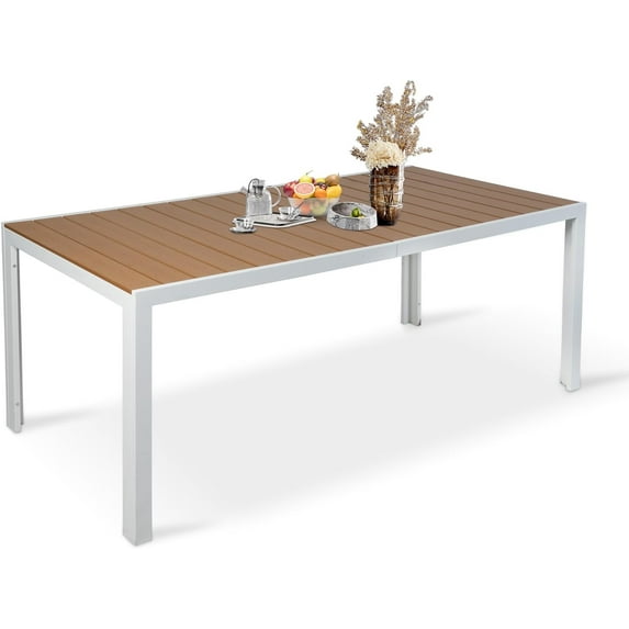 Outdoor Dining Table for 8 Person, 71” Aluminum Patio Dining Table with 1.6” - 2” Adjustable Umbrella Hole, Slat Rectangle Table with Wood Like Table Top for Backyard Garden