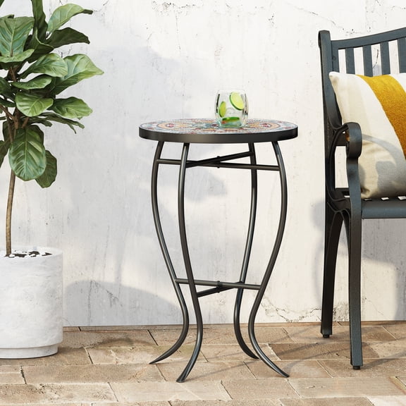Outdoor Dining Table, LA CRESCENTA SIDE TABLE, Black Patio Table,Ceramic Tile+Iron Outdoor Coffee Table, Garden & Outdoor & Patio Furniture Outdoor Tables