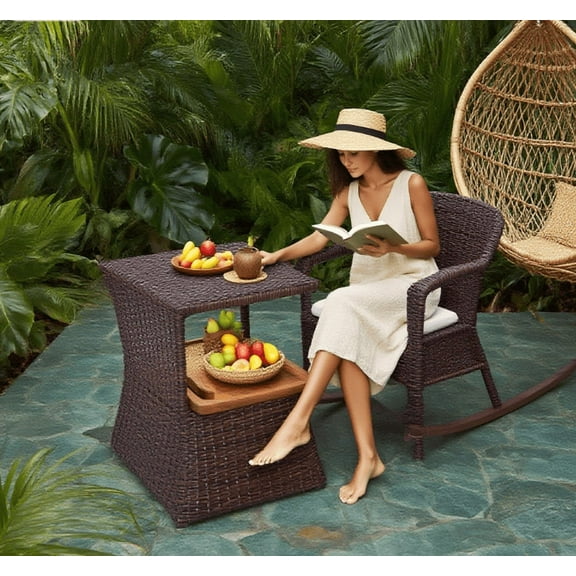 Outdoor Dining Table Outdoor Side Table with Umbrella Hole, Rattan Wicker End Table,Patio Table