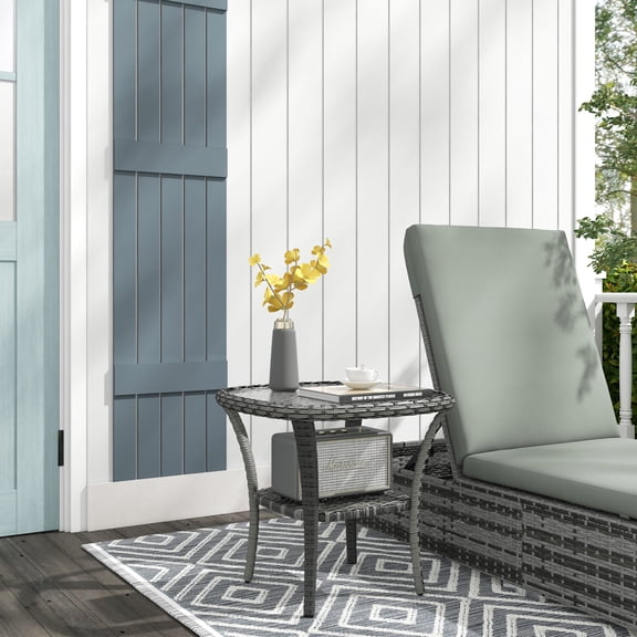 Outdoor Dining Table Outsunny Rattan Coffee Table with Storage Shelf, Wicker Side Table with Glass Top, Outdoor End Table for Garden, Porch, Backyard, Mix Gray,Outdoor Coffee Table