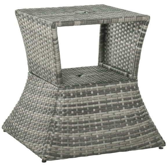 Outdoor Dining Table Outsunny Rattan Wicker Side Table with Umbrella Hole, 2 Tier Storage Shelf for All Weather for Outdoor, Patio, Garden, Backyard, Mixed Grey,Outdoor Coffee Table