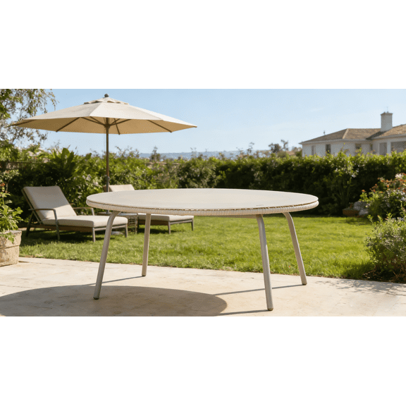 Outdoor Dining Table, Round Rattan Glass Top Table for Garden Patio Backyard, Off White